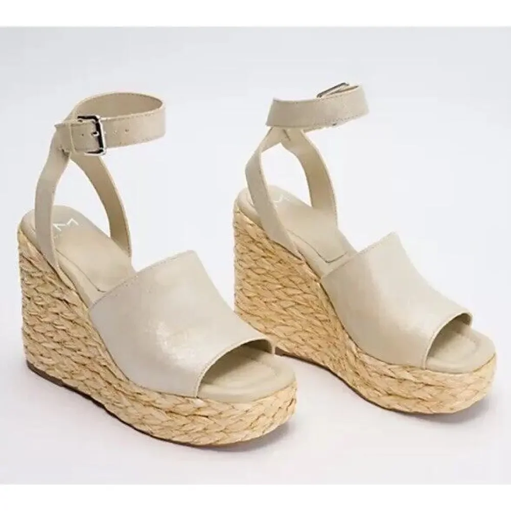 New Marc Fisher LTD Nelly Suede Espadrille Wedge Sandals Ankle Strap Natural 10M